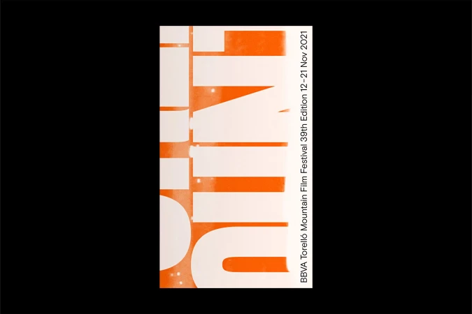 Promotional poster featuring abstract typography in orange and cream for the BBVA Torelló Mountain Film Festival, Edition 39th, 2021.