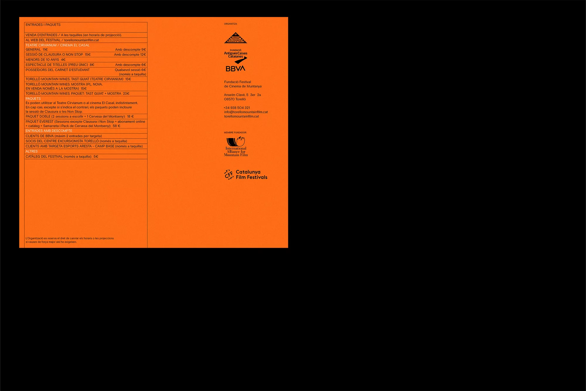 Orange flyer for the Catalunya Film Festival featuring event info, sponsor logos, and contact details.