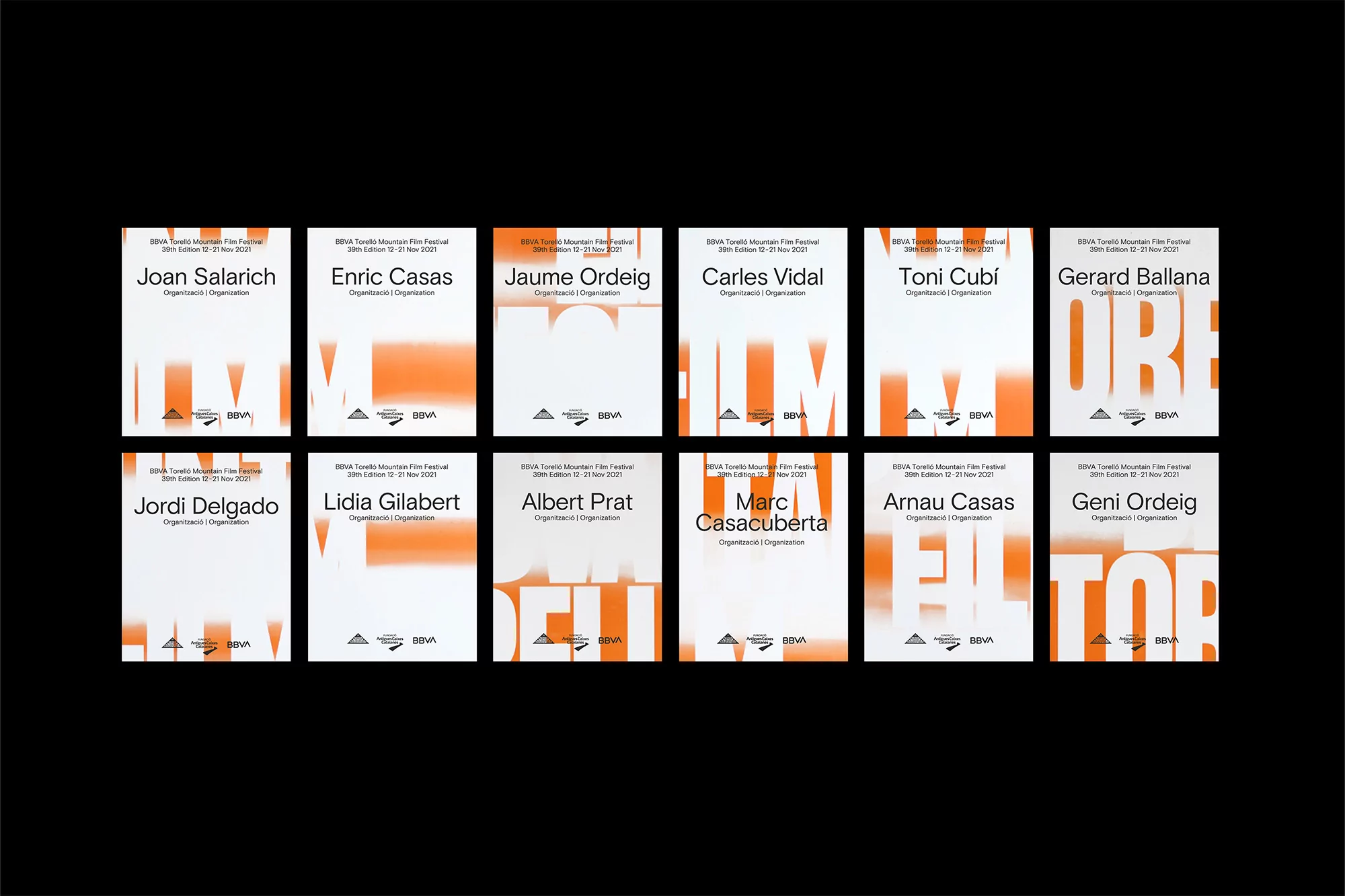 Collection of posters for the BBVA Torelló Mountain Film Festival featuring names, dates, and film-related text on a black backdrop.