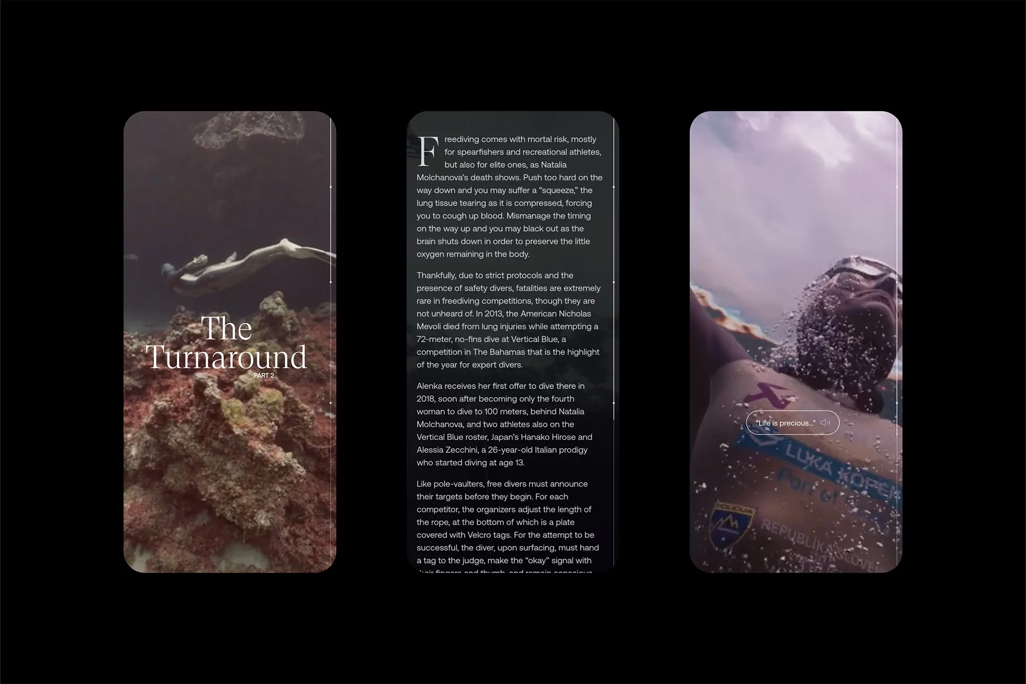 Three phone screens show a freediver in water, a woman freediving, and text about the sport of freediving, all on a black background.