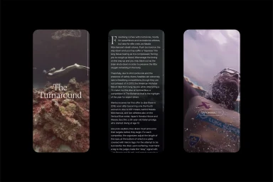 Three vertical mobile app interface screens showing underwater freediving photography and editorial text layout.