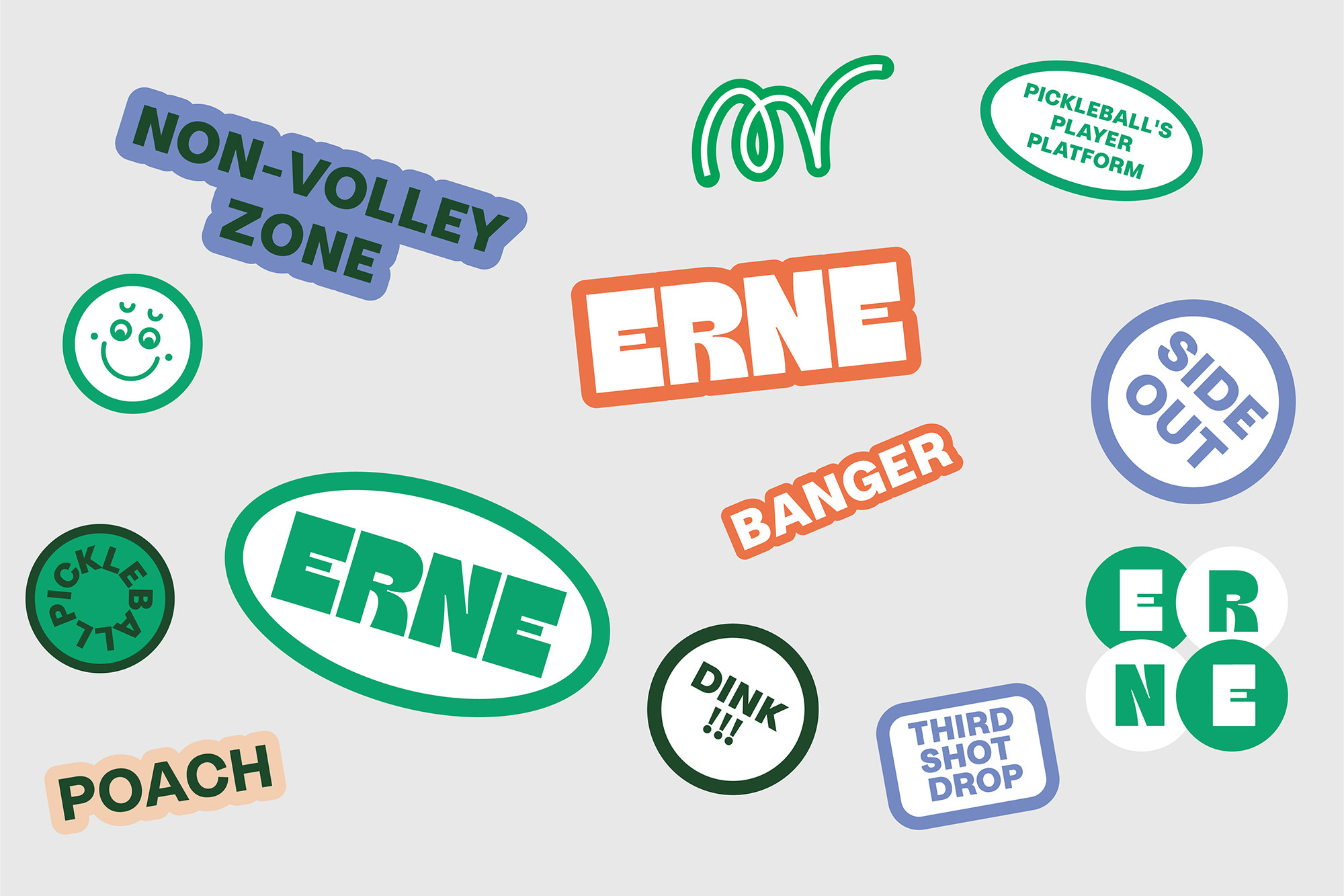 Image features multiple pickleball graphics with terms such as 'Erne,' 'Dink,' 'Poach,' and 'Non-Volley Zone,' along with a smiling face.