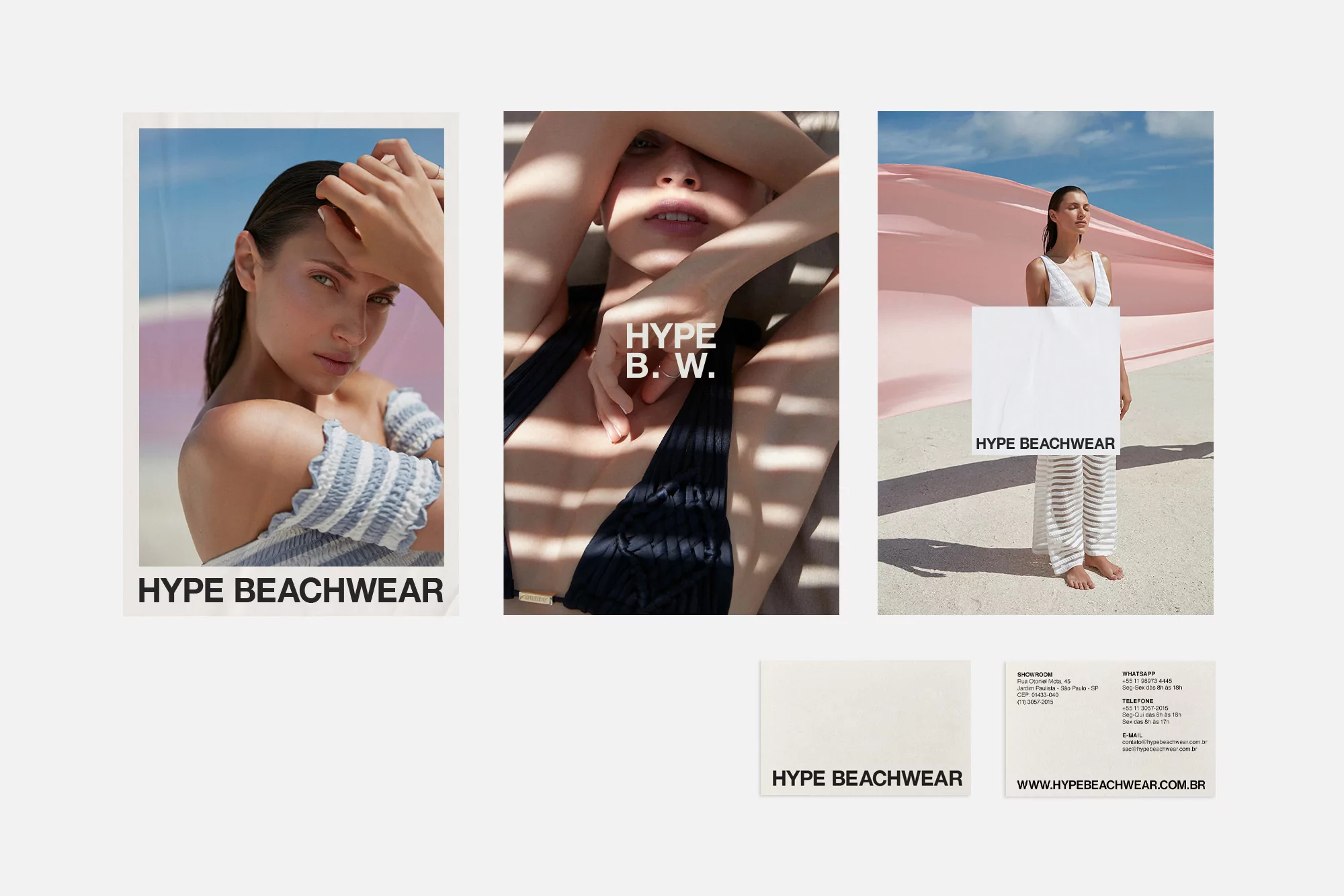 Hype Beachwear campaign featuring models wearing swimwear and beachwear in outdoor and studio settings with pink color grading and clean design.
