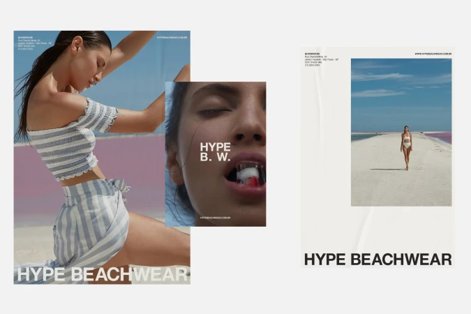 Hype Beachwear ad featuring woman in striped two-piece set, close-up of face, and woman in swimsuit on beach. Bright, sunny, fashion-focused.
