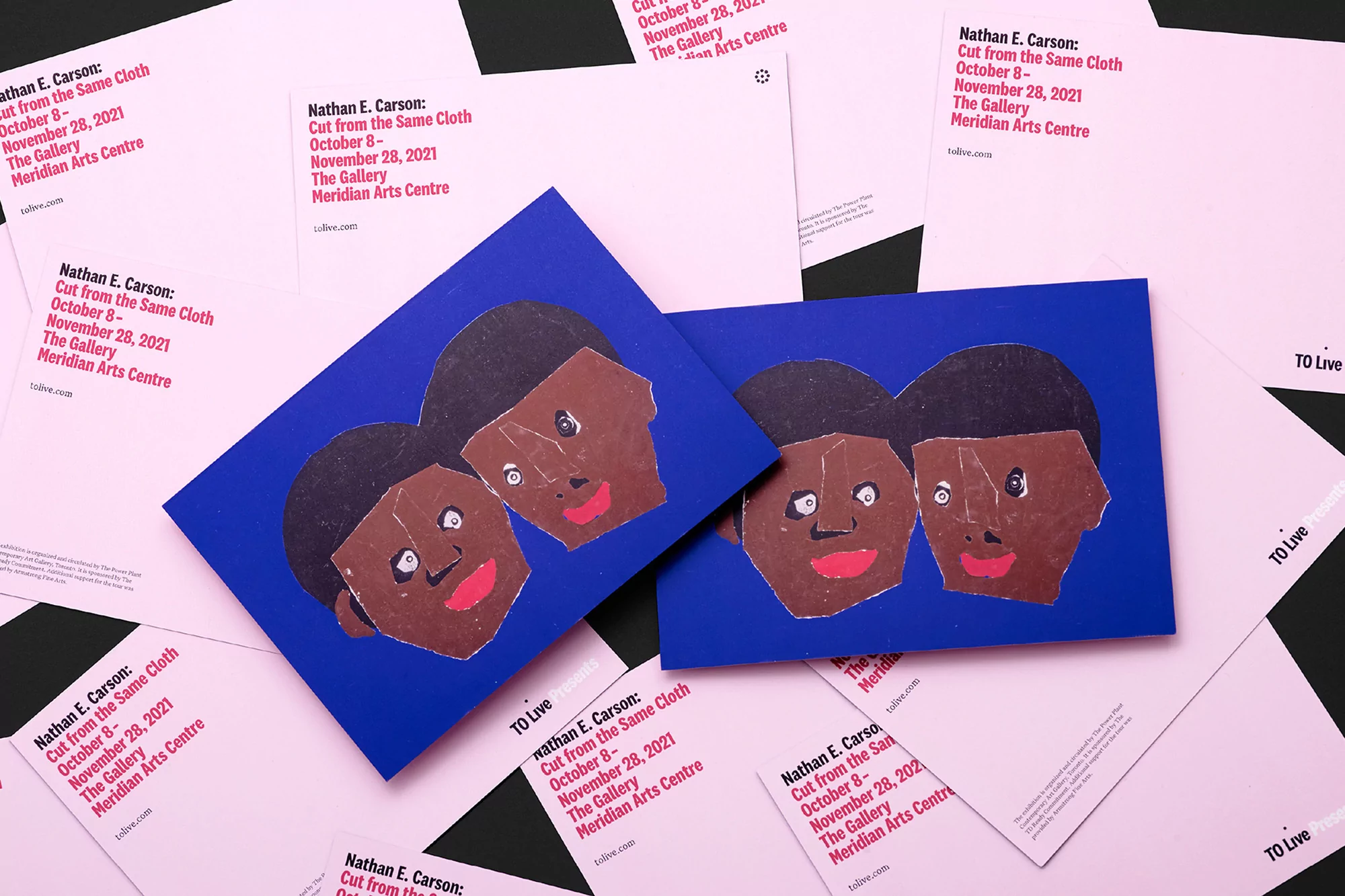 Collage art on promotional flyers featuring two portraits with paper cutout textures and bold colors, set against a pink and black backdrop.