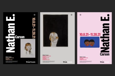 Three exhibition posters for Nathan E. Carson featuring bold typography and figurative artworks on black, grey, and pink backgrounds.
