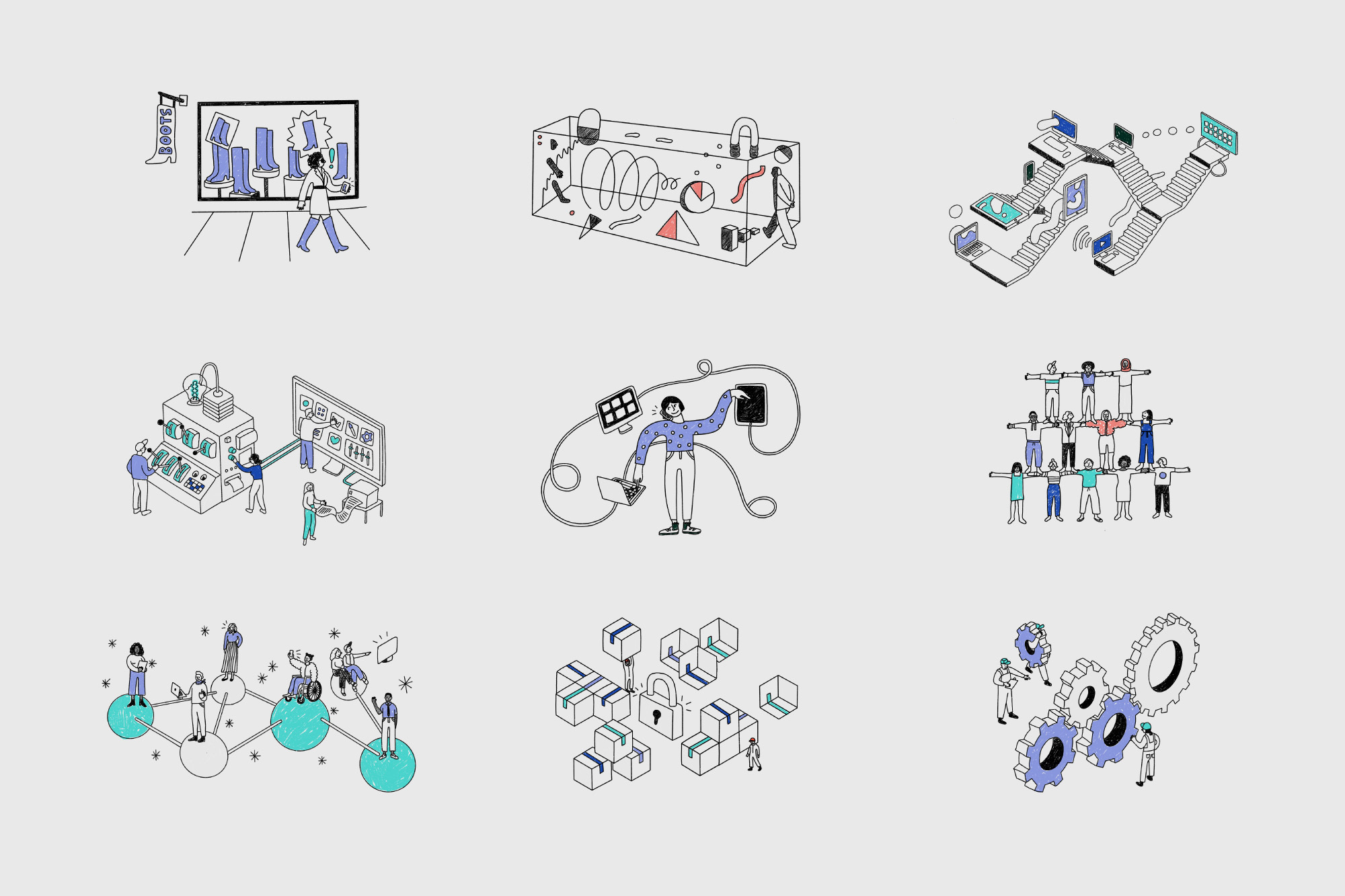 Conceptual illustration featuring people interacting with technology such as computers, screens, and networks in a digital world.
