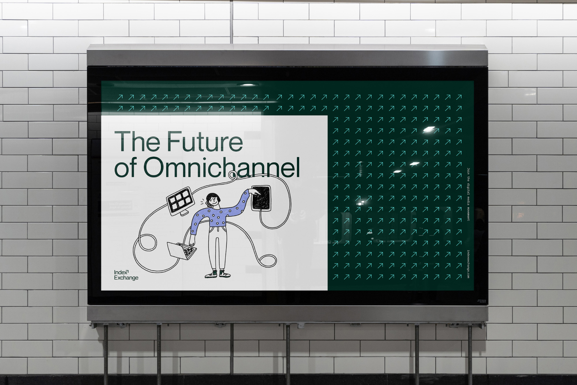 Advertisement on a subway platform featuring a cartoon person and the text "The Future of Omnichannel" on a white and green background.