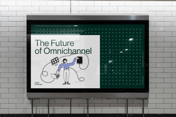Advertisement on a subway platform featuring a cartoon person and the text "The Future of Omnichannel" on a white and green background.