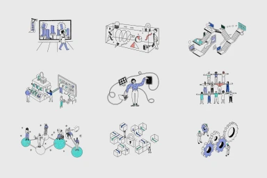 Nine isometric vector illustrations featuring figures interacting with abstract technical concepts and machinery.
