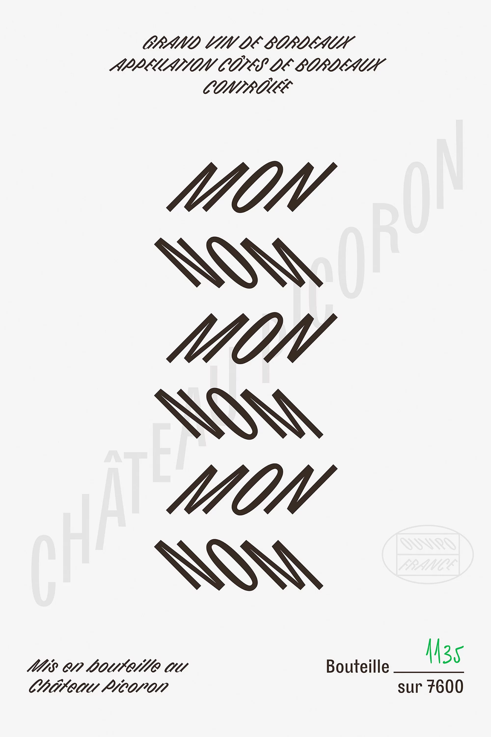 Wine bottle label featuring a repeated 'MON' design, indicating a wine product, with the brand name and appellation visible.