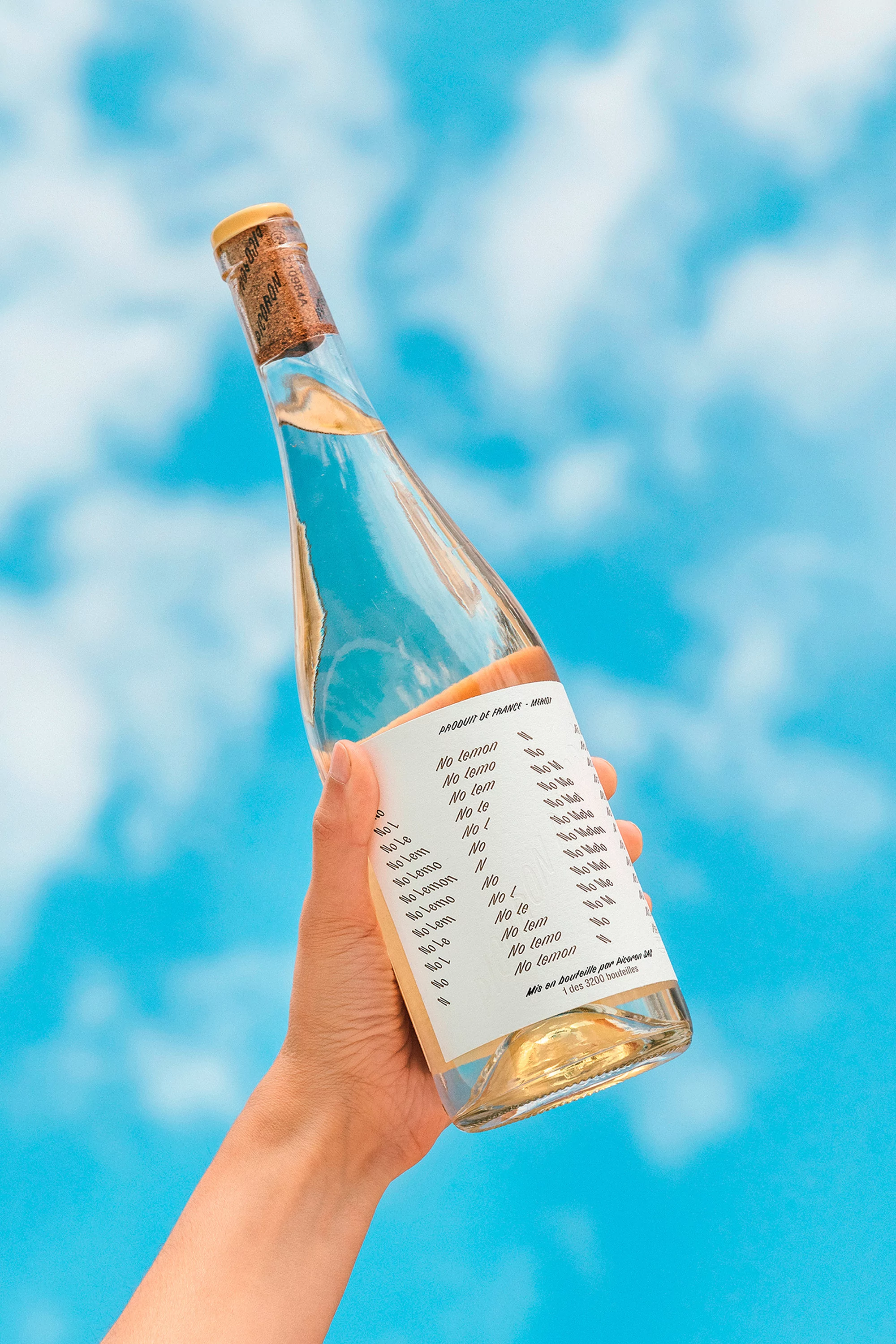 Arm holding up a clear wine bottle with white label against a blue sky with scattered clouds in a bright, outdoor setting.