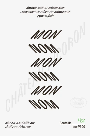 Minimalist graphic design wine label featuring repeated bold italic typography MON NOM against a white paper texture background