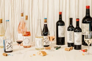 Collection of wine bottles and filled glasses arranged on a white tablecloth against a draped backdrop