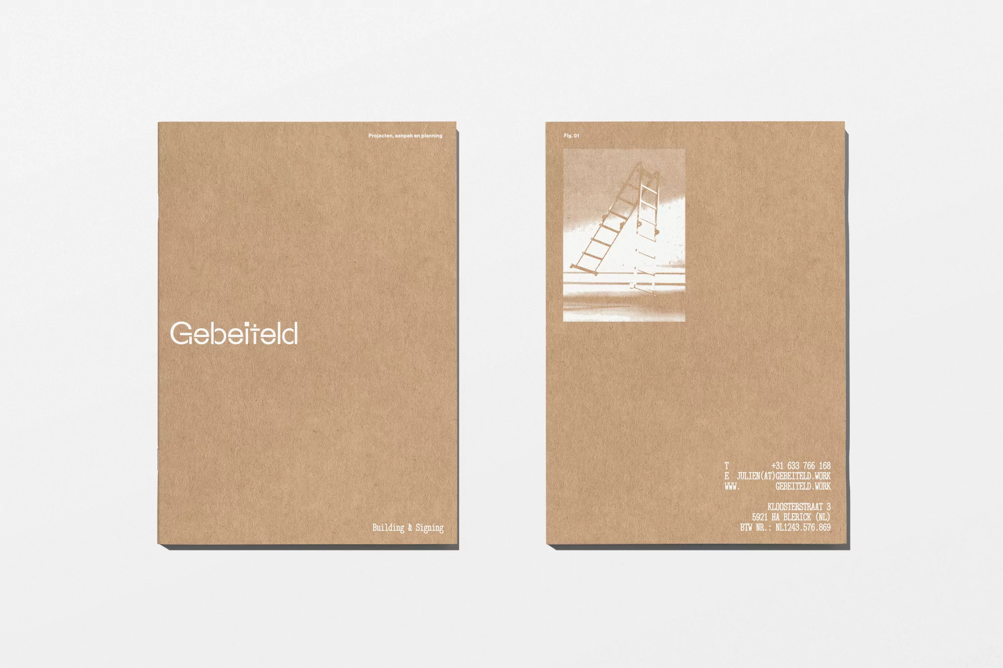 Two kraft paper brochures feature 'Gebeiteld' in white text. One shows a ladder graphic, contact details, and website info.
