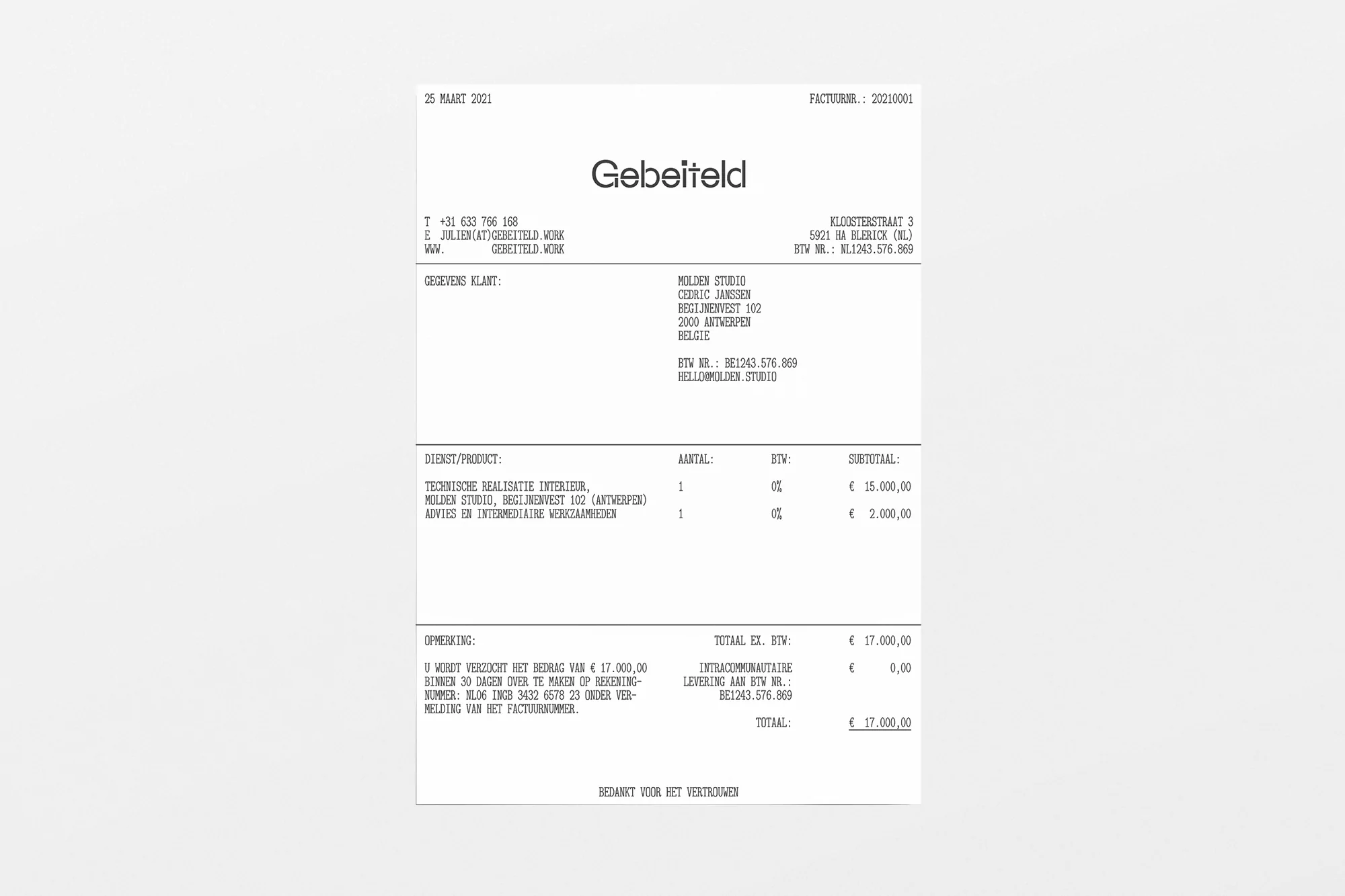 Invoice from Gebeiteld dated March 25, 2001, listing technical interior design, Molden Studio services, and intermediate advice. Totaling €17,000.