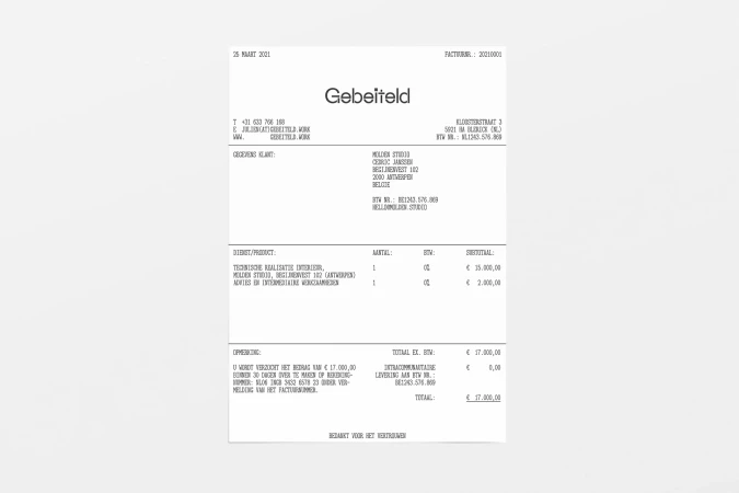 Invoice from Gebeiteld dated March 25, 2001, listing technical interior design, Molden Studio services, and intermediate advice. Totaling €17,000.