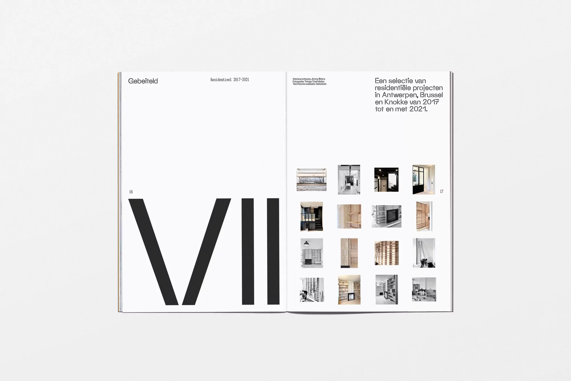 Open book spread featuring a minimalist design with architectural project thumbnails, geometric typography, and brand details on white pages.