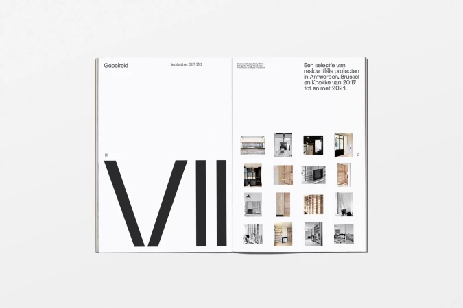 Open book spread featuring a minimalist design with architectural project thumbnails, geometric typography, and brand details on white pages.