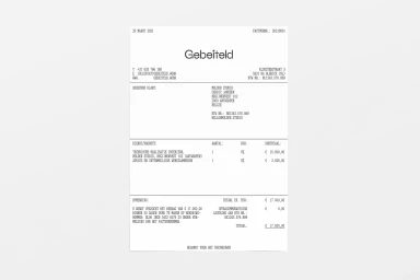 Monochrome invoice design for Gebeiteld featuring clean typography and structured financial layout on white background