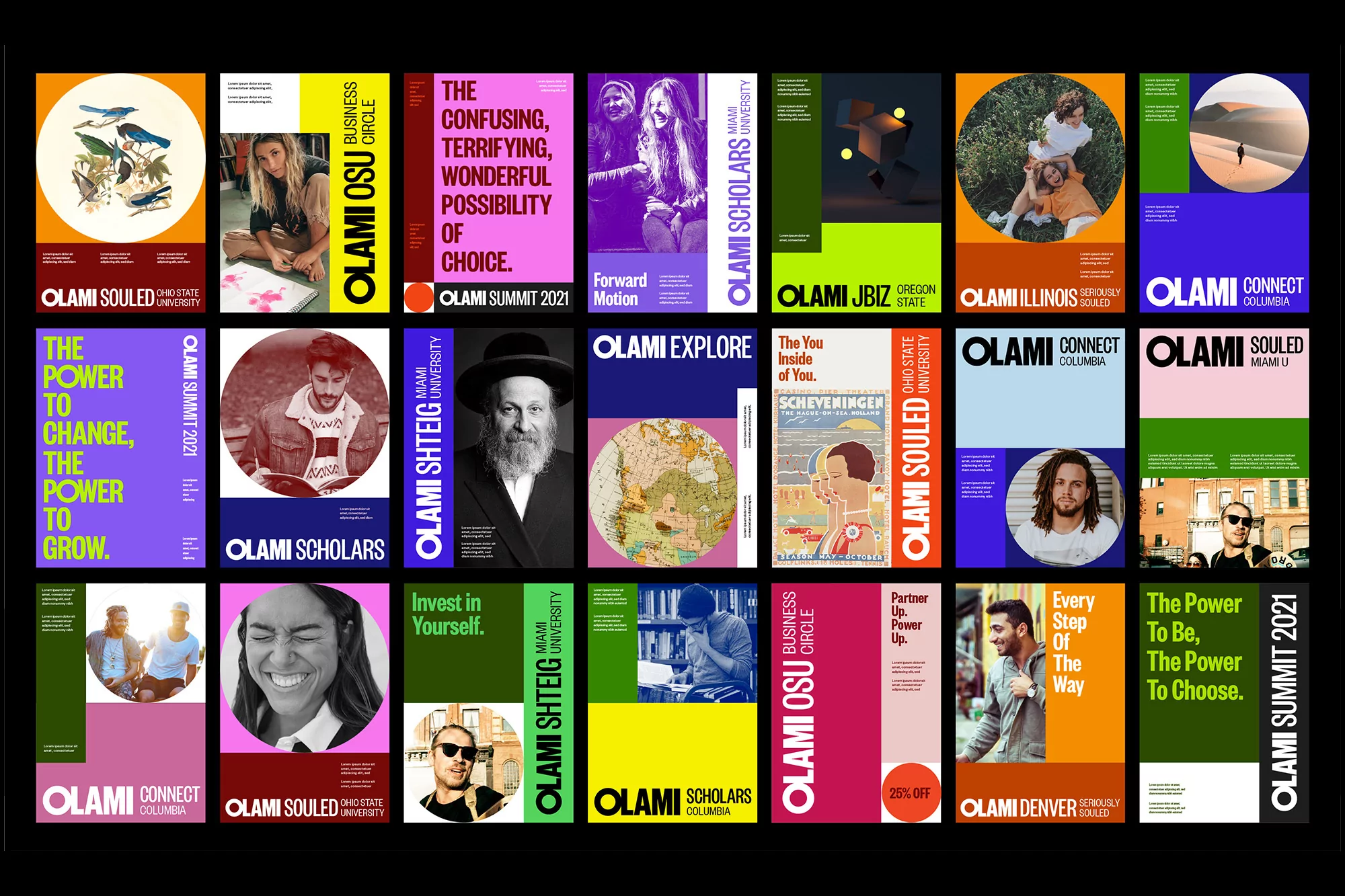 Collage of posters with the text 'OLAMI', featuring people, abstract graphics and text elements on colorful backgrounds, black background.
