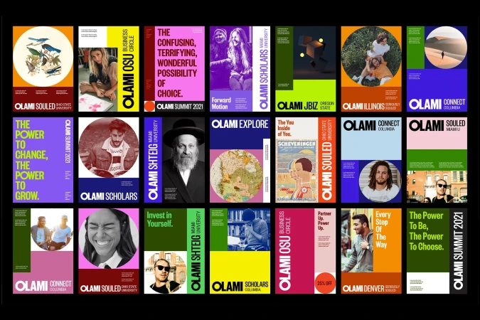 Collage of posters with the text 'OLAMI', featuring people, abstract graphics and text elements on colorful backgrounds, black background.