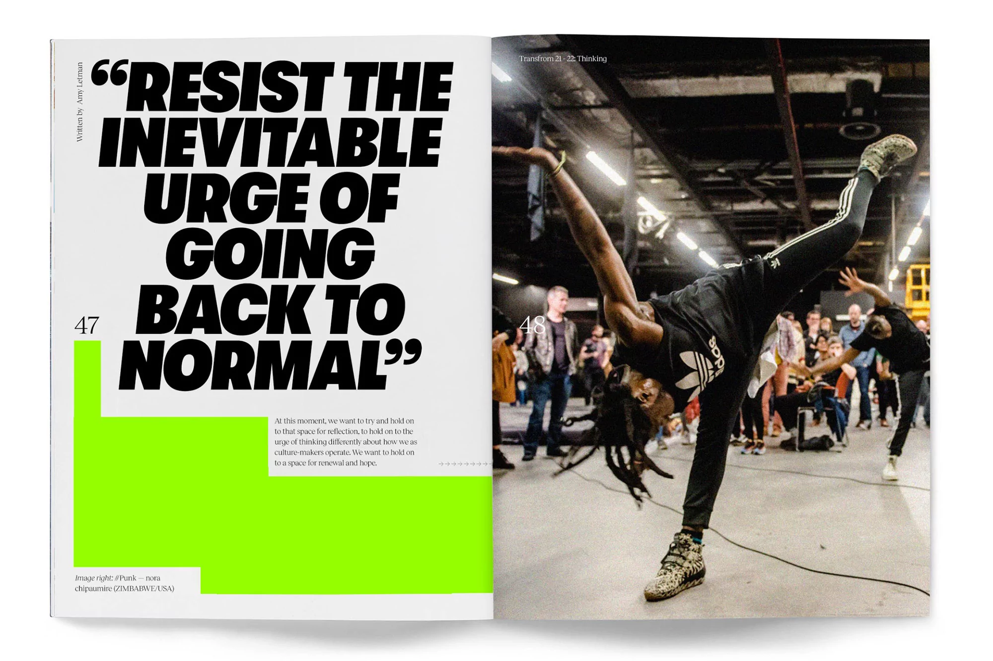 Magazine double-page spread featuring a dancer in action on right, and graphic text design on left. Editorial layout. 
