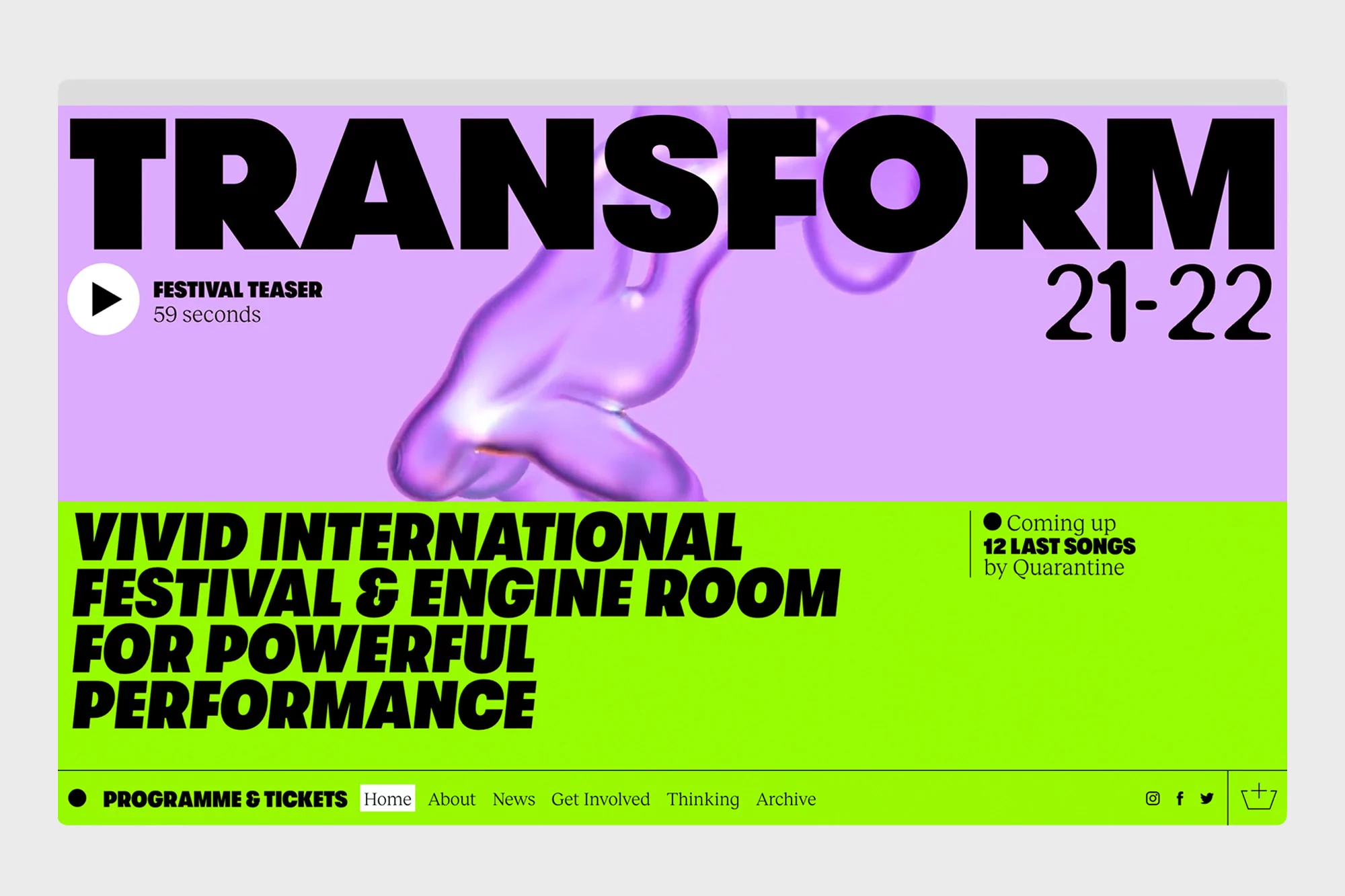 Graphic design for Vivid International Festival features bold typography, a digital graphic, and a vibrant color palette of purple and green.