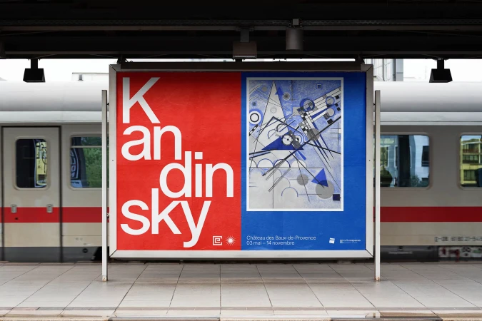 Large outdoor advertisement with Kandinsky artwork and text, displayed on a train platform with a passenger train in the background.
