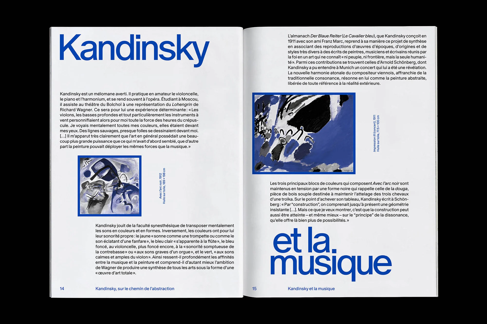 Open pages of a book with a focus on art and music, featuring text in French and abstract paintings in shades of blue and black.