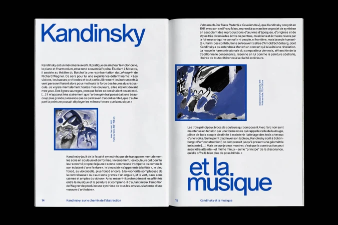Open pages of a book with a focus on art and music, featuring text in French and abstract paintings in shades of blue and black.