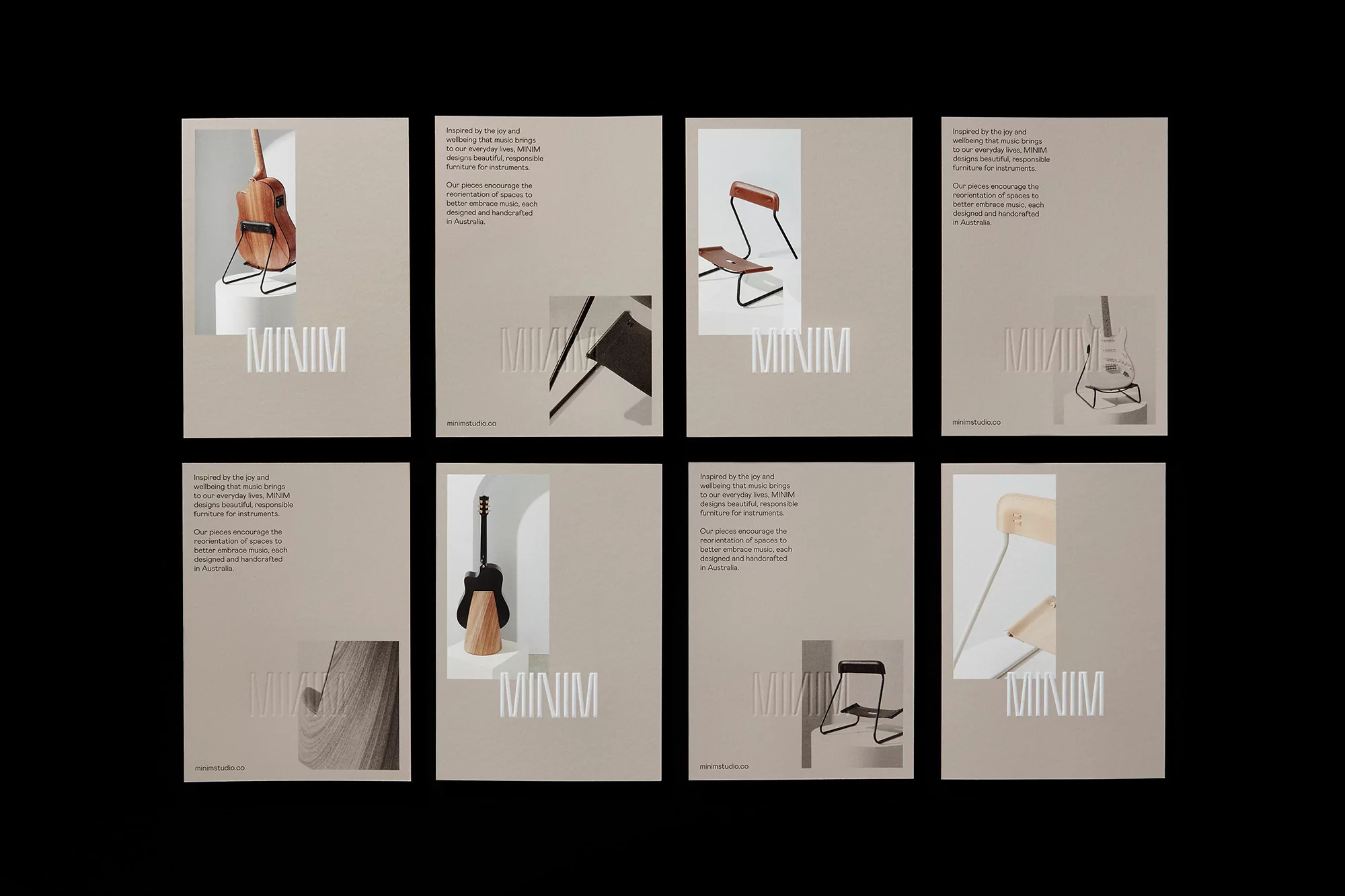 Art installation featuring musical instruments and chairs against a neutral background, minimalist design, advertising design.