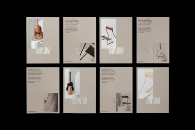 A flat lay of eight printed brand identity cards for Minim featuring typography and minimalist product photography against a beige background.