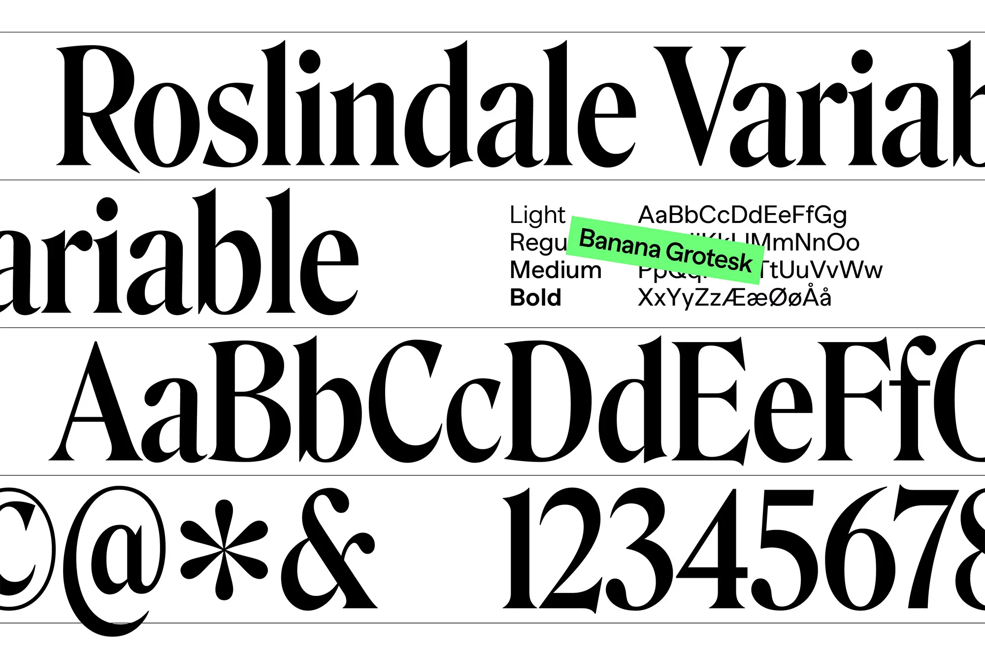 Typography showcase: Roslindale Variable font displayed with varying weights, including a 'Banana Grotesk' highlight against a white background.