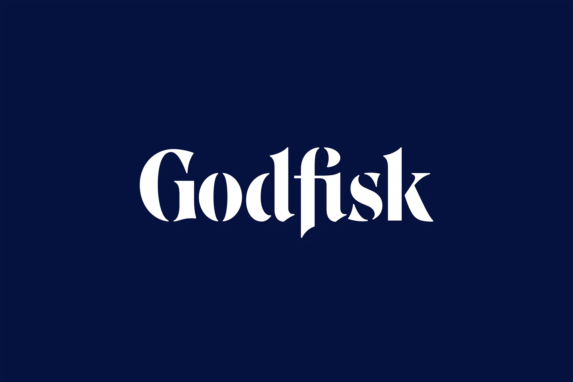 Elegant typography logo design features the text 'Godfisk' in clean white font against a solid dark blue background, modern aesthetic.