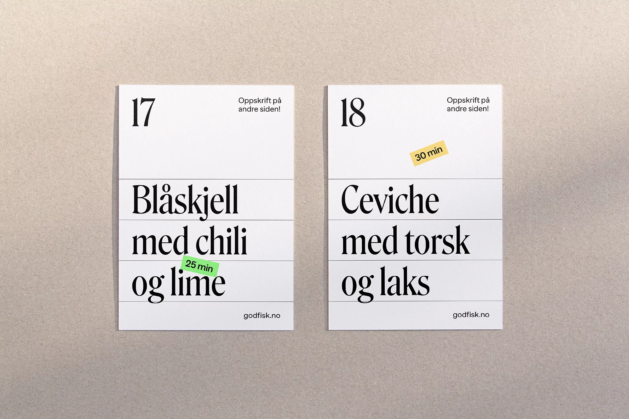 Two recipe cards with seafood recipes titled 'Blåskjell med chili og lime' and 'Ceviche med torsk og laks' against a neutral backdrop.