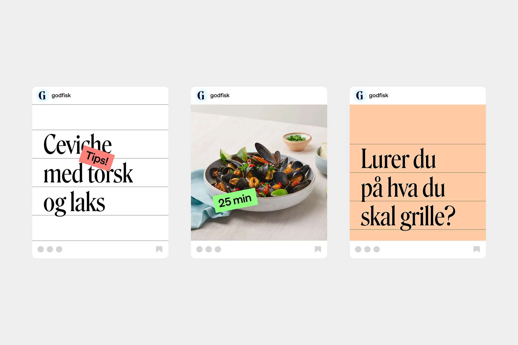 Three seafood themed posts, each a digital mock-up of an Instagram post from food brand, including ceviche, mussels, and grilling tips.