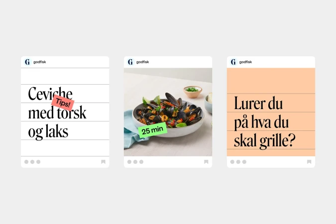 Three seafood themed posts, each a digital mock-up of an Instagram post from food brand, including ceviche, mussels, and grilling tips.