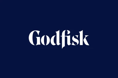 White serif wordmark reading Godfisk centered against a solid dark navy blue background.