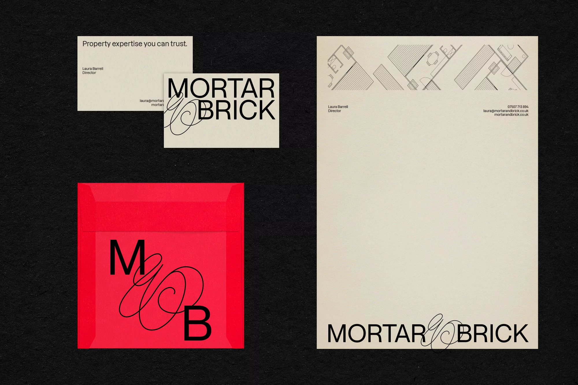 Branding materials display a red envelope, business card, and letterhead with a minimalist design on a textured black background.