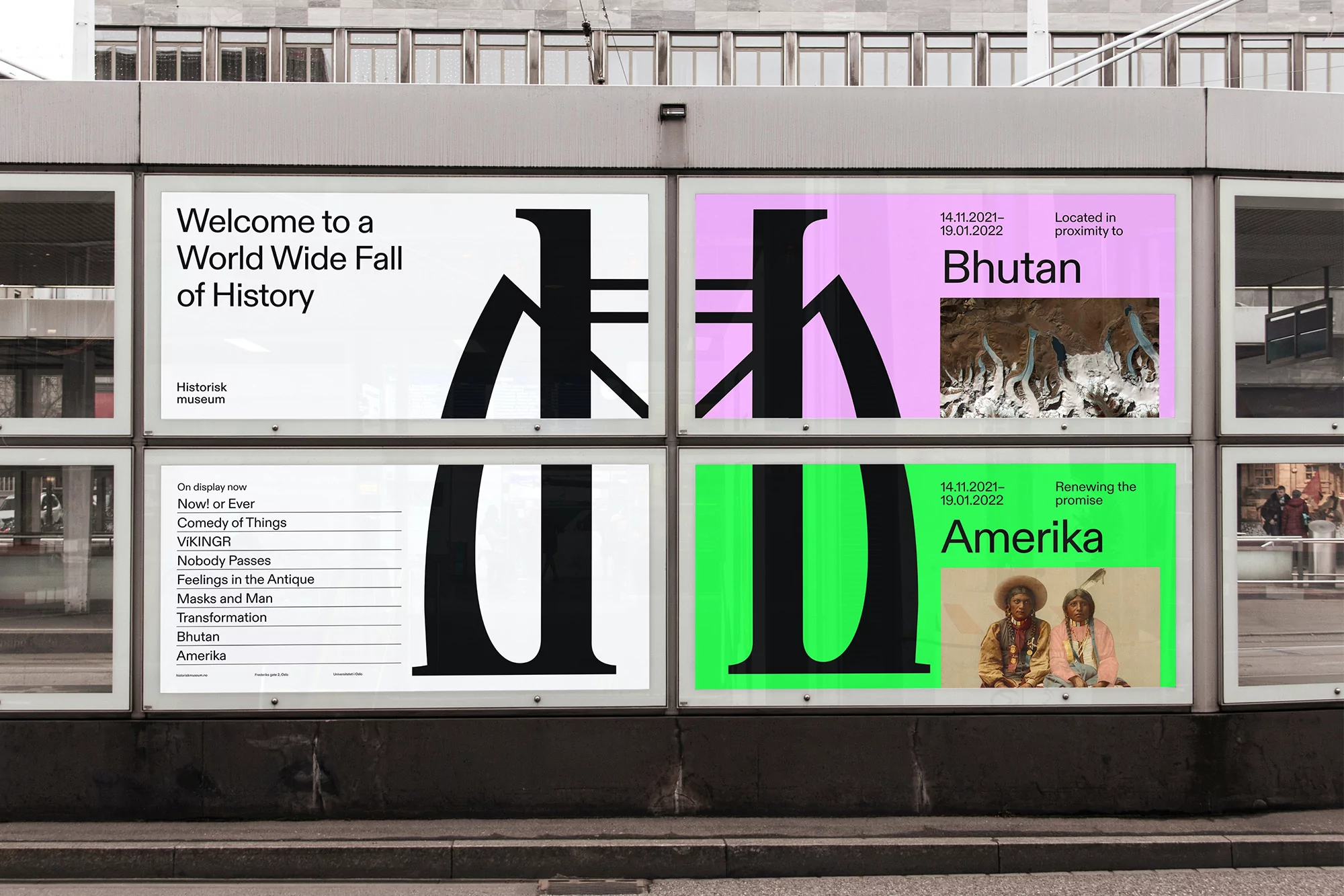 Four museum posters are displayed; the exhibition features typography and images related to history, Bhutan, and America.