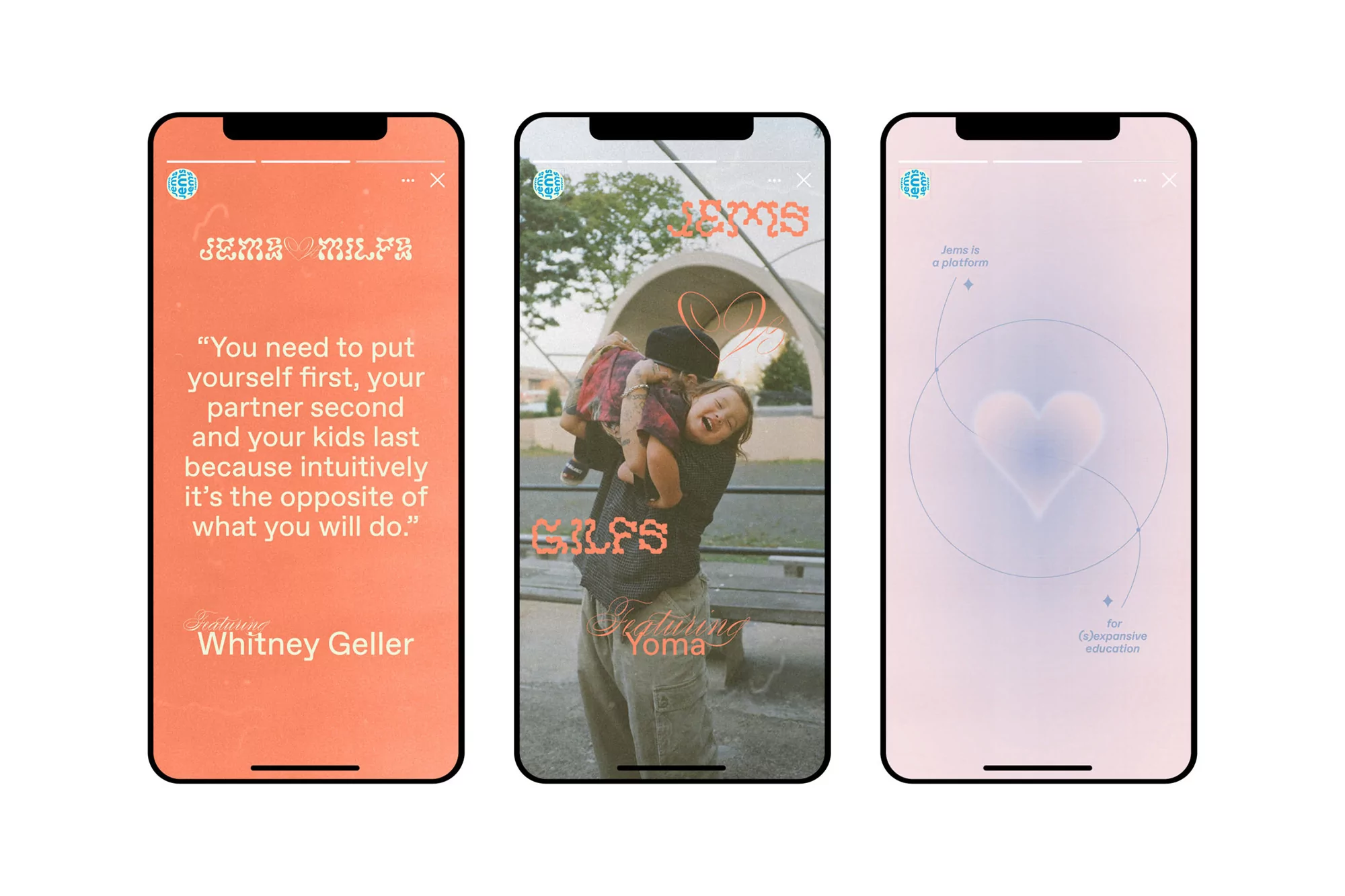 Three mobile phone screens display images of a woman carrying a child, text quotes, and a simple heart graphic on a gradient background.