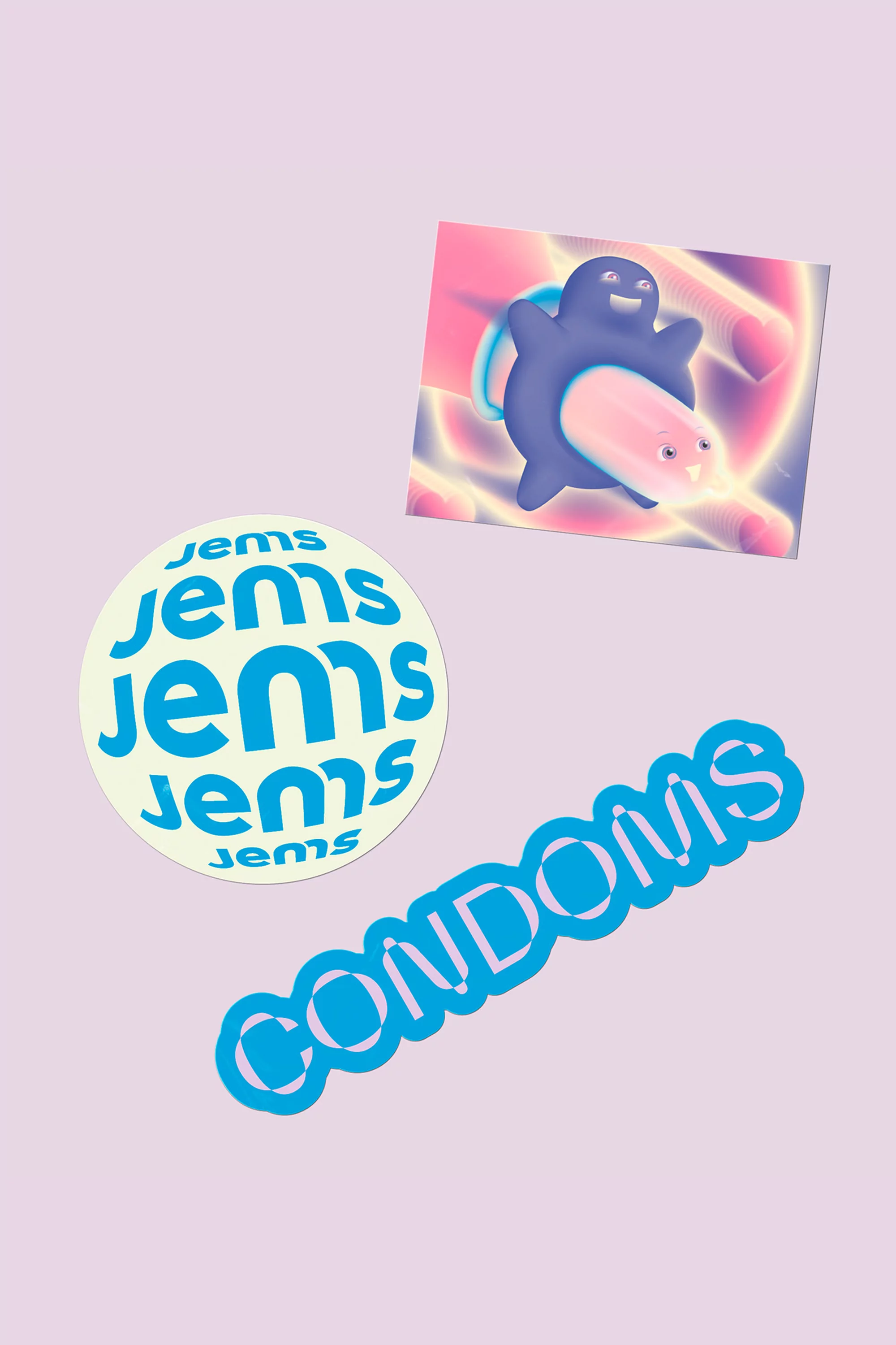 Image of Jems condoms stickers and graphic, featuring text and cartoon-like smiling figures in blue and pink on a purple background.