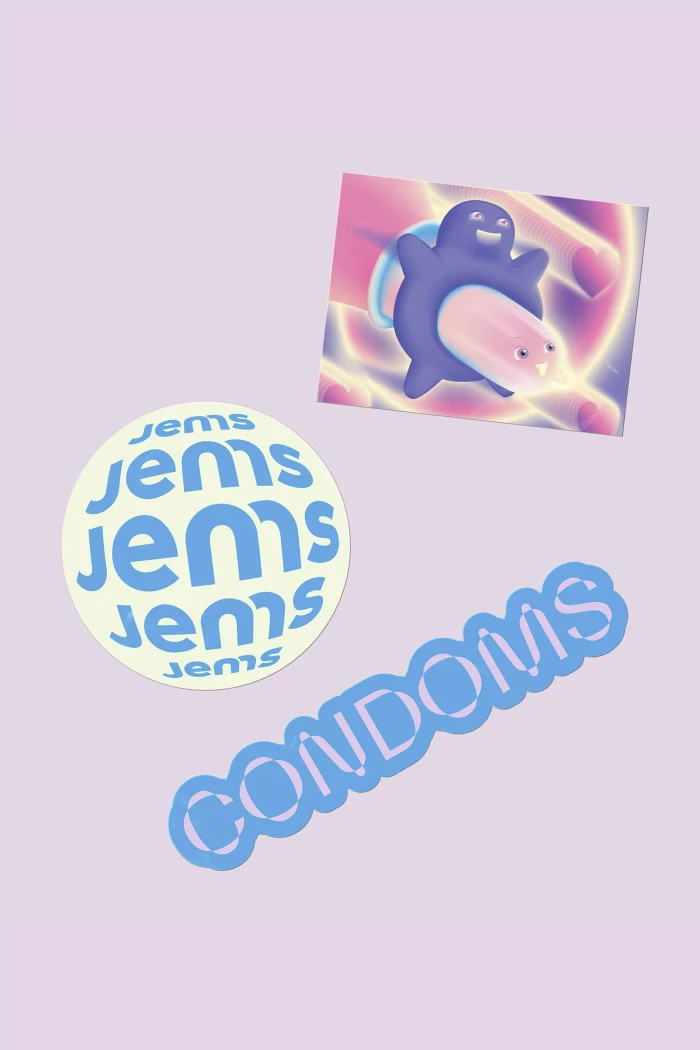 Jems brand identity graphic featuring stickers with blue typography and an illustration on a pale pink background