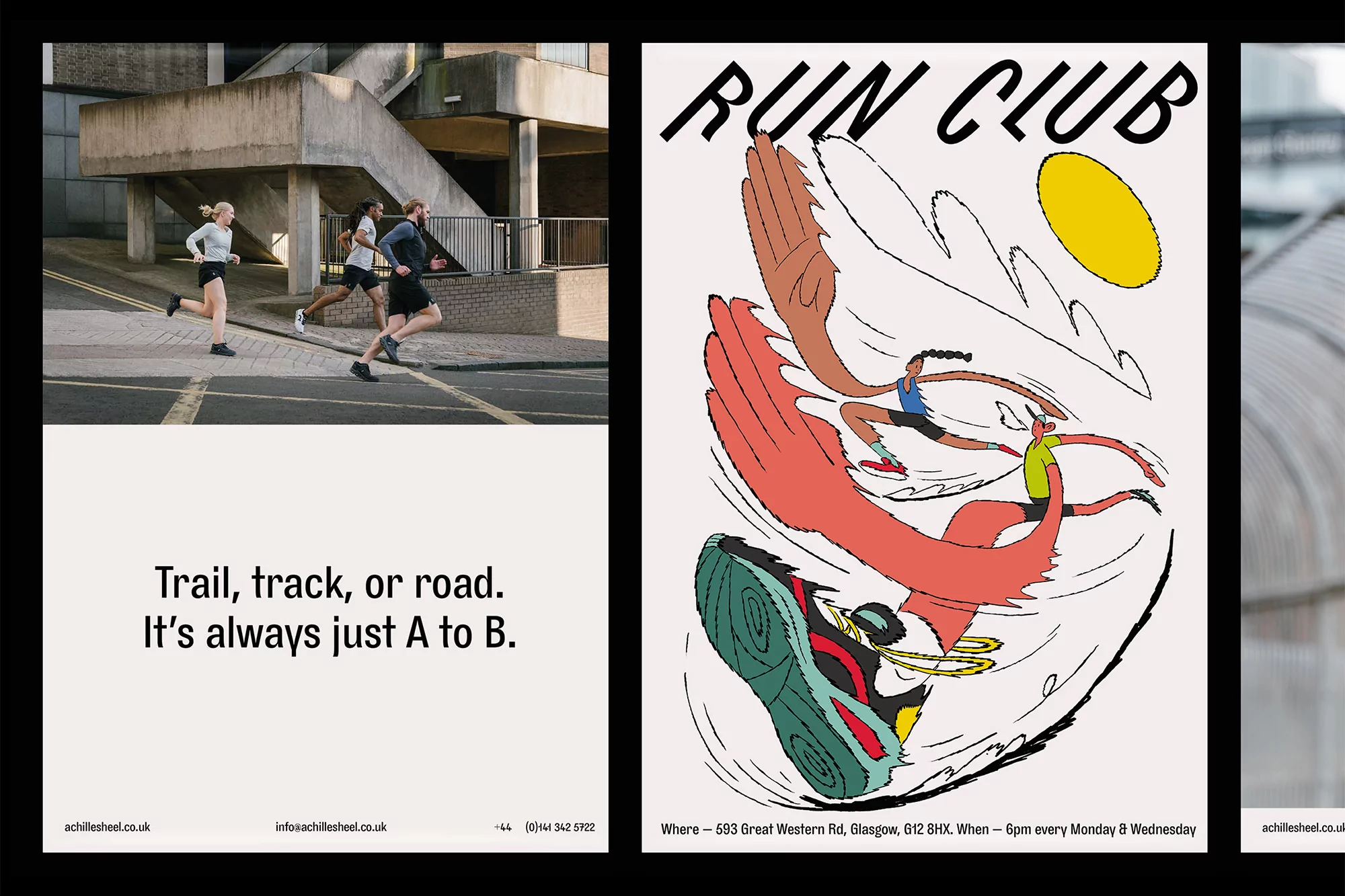 Marketing visual featuring runners on street next to ad poster for a run club with illustration, promoting Achilles Heel running apparel.