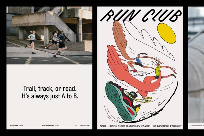 Marketing visual featuring runners on street next to ad poster for a run club with illustration, promoting Achilles Heel running apparel.