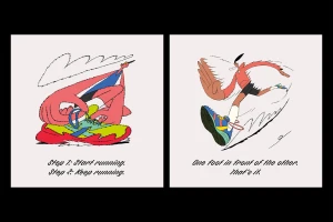 Two-panel illustration for Achilles Heel showing a stylized runner tying shoes and running with bold typography.