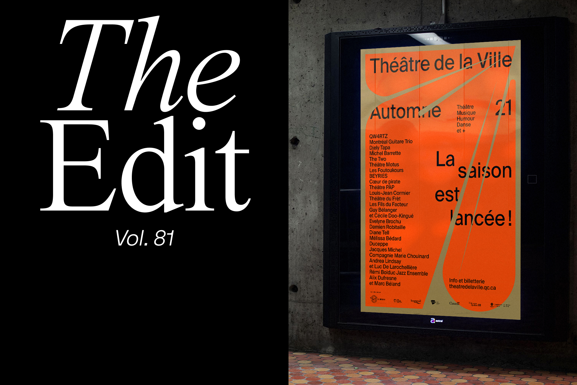 Outdoor display shows orange ad for 'Théâtre de la Ville', featuring event listings and dates, on a modern black display screen.