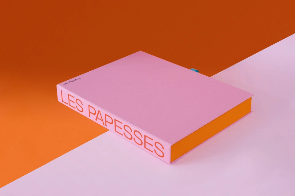 Pink book titled 'Les Papesses' sits diagonally on a split background of orange and pink, with an orange exposed book edge.