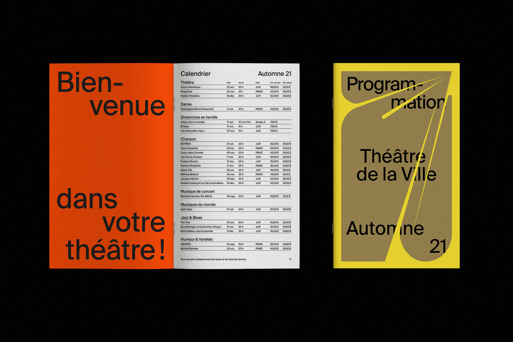 Promotional graphic for Théâtre de la Ville Automne 21 shows a brochure and a calendar listing events, all rendered in bold sans-serif typography.